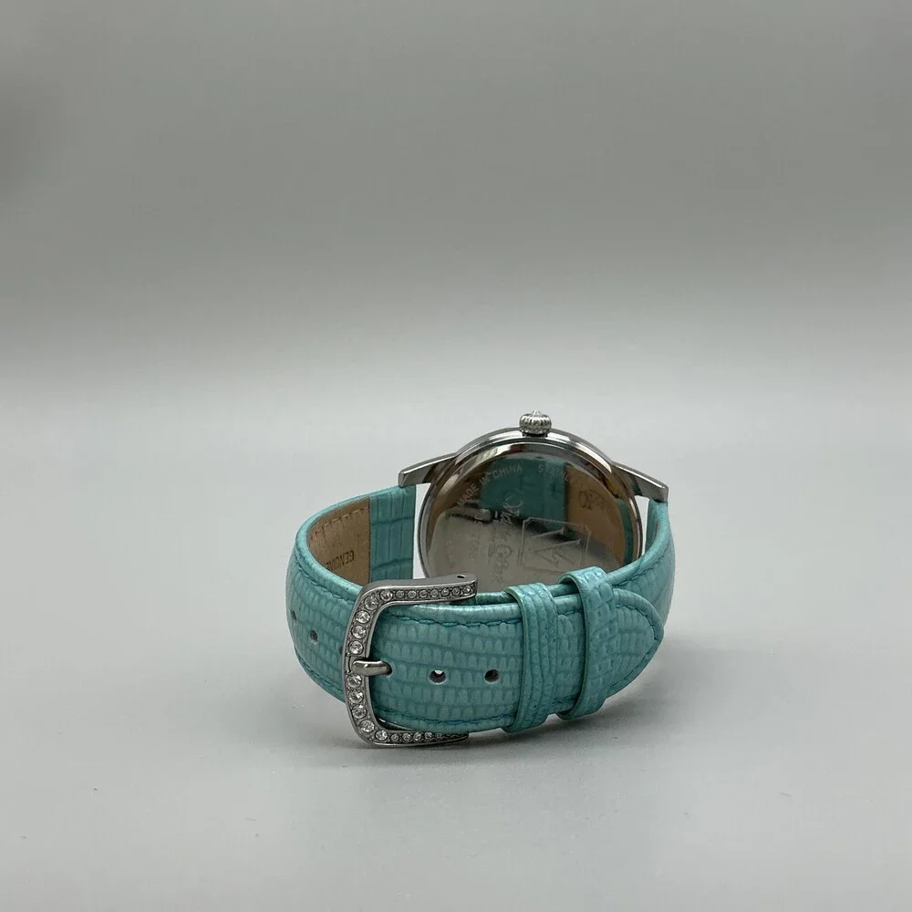 Victoria Wieck Womens Watch 42mm Silver Tone Aqua Leather Crystals New Battery